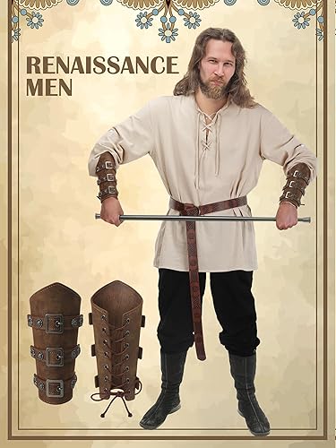 Miniatura 4 de Jiuguva - Disfraz renacentista medieval para hombre, juego de 4 piezas con camisa de pirata medieval, pantalones con bandas de tobillo, accesorios