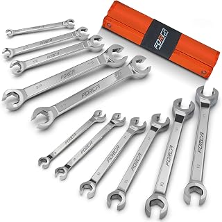 FORCA Flare Nut Wrench Set (11 Pcs Metric & SAE) 1/4" to 7/8" & 9-21mm, CR-V Steel Brake Line Wrench Set with Organizer Pouch