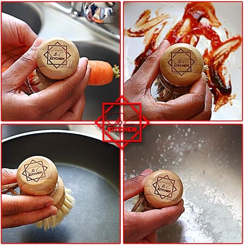 Miniatura 7 de S&C Kitchen - Cepillo de bambú para limpiar sartén, verduras, platos, wok, platos para cocina, baño, hecho de cerdas de palma y sisal con mango,