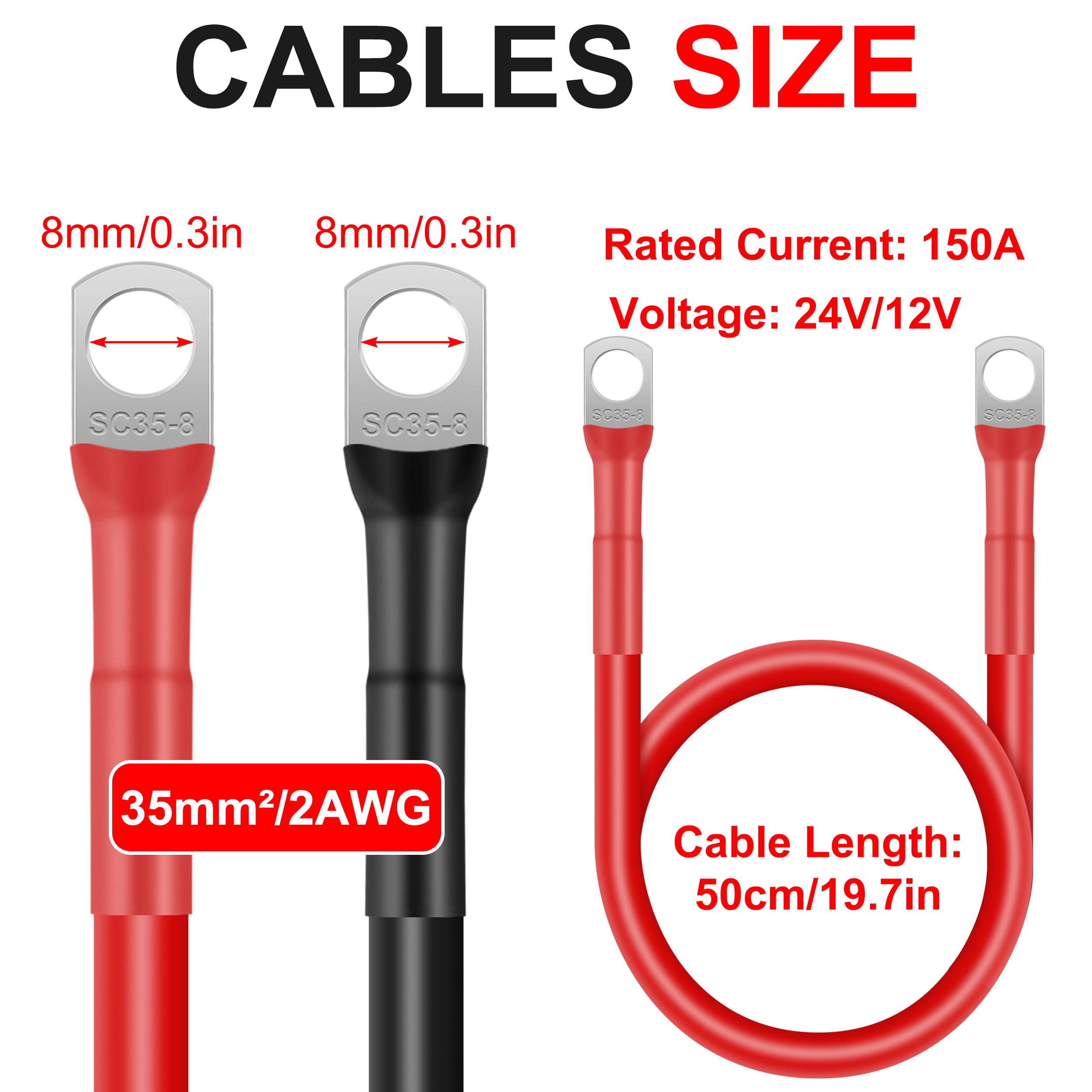 Cavi Batteria Auto 50cm 35mm² 2AWG 12V con Capicorda M8 per Camion Moto Marina Solare Nero e Rosso