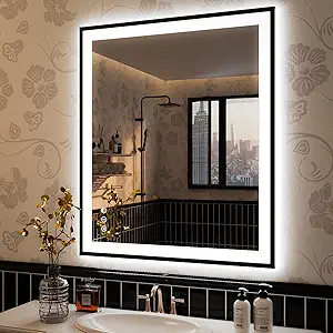 ISKM Framed LED Mirror for Bathroom 36"x30", Dimmable LED Bathroom Mirror with Lights, Anti-Fog, Front and Backlit Lighted Mirror 3-Colors, Shatterproof, Memory Function
