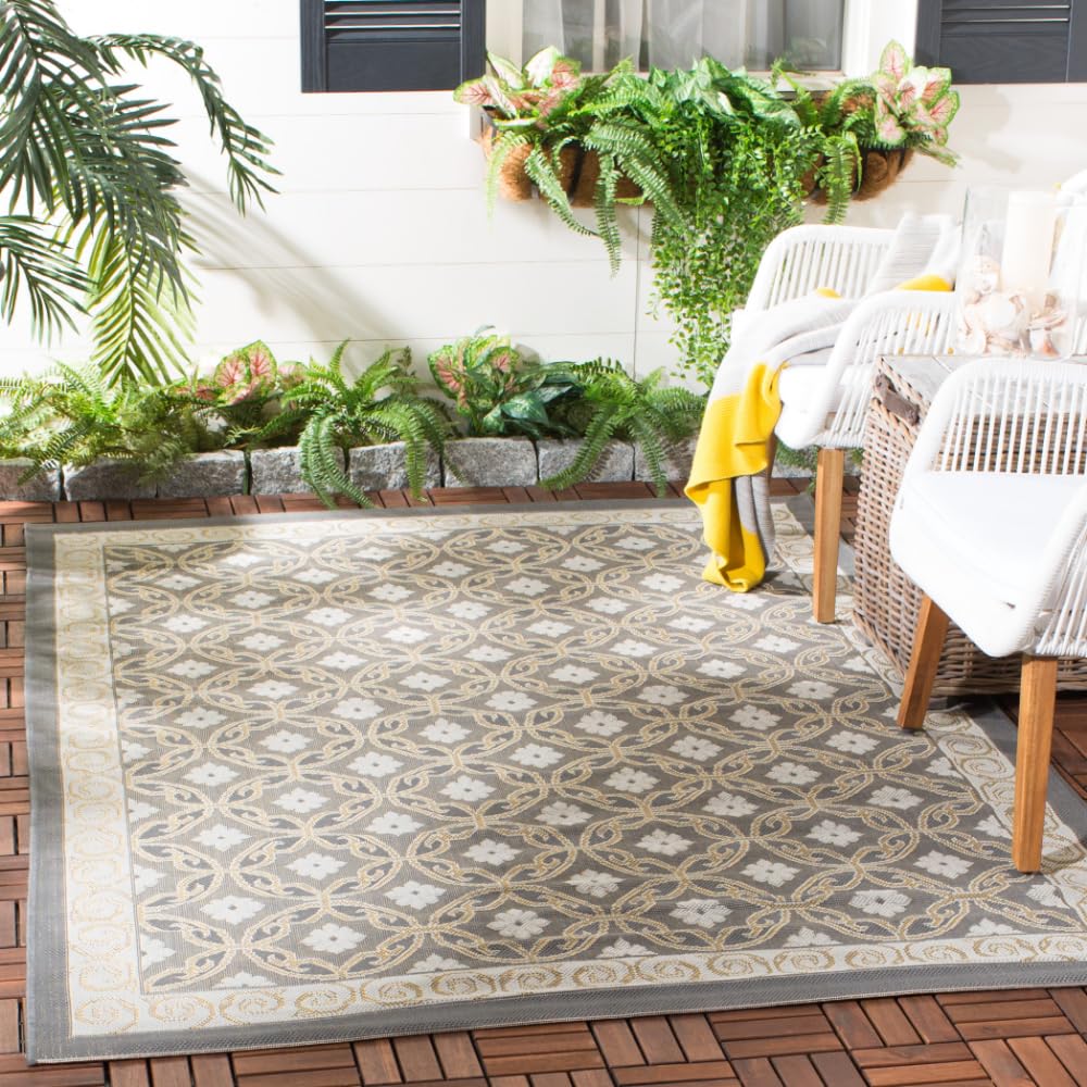 SAFAVIEH Washable Rug Outdoor Courtyard Collection - 6'7" x 9'6", Anthracite & Light Grey, Non-Shedding & Easy Cleaning, Ideal for Patio, Backyard,