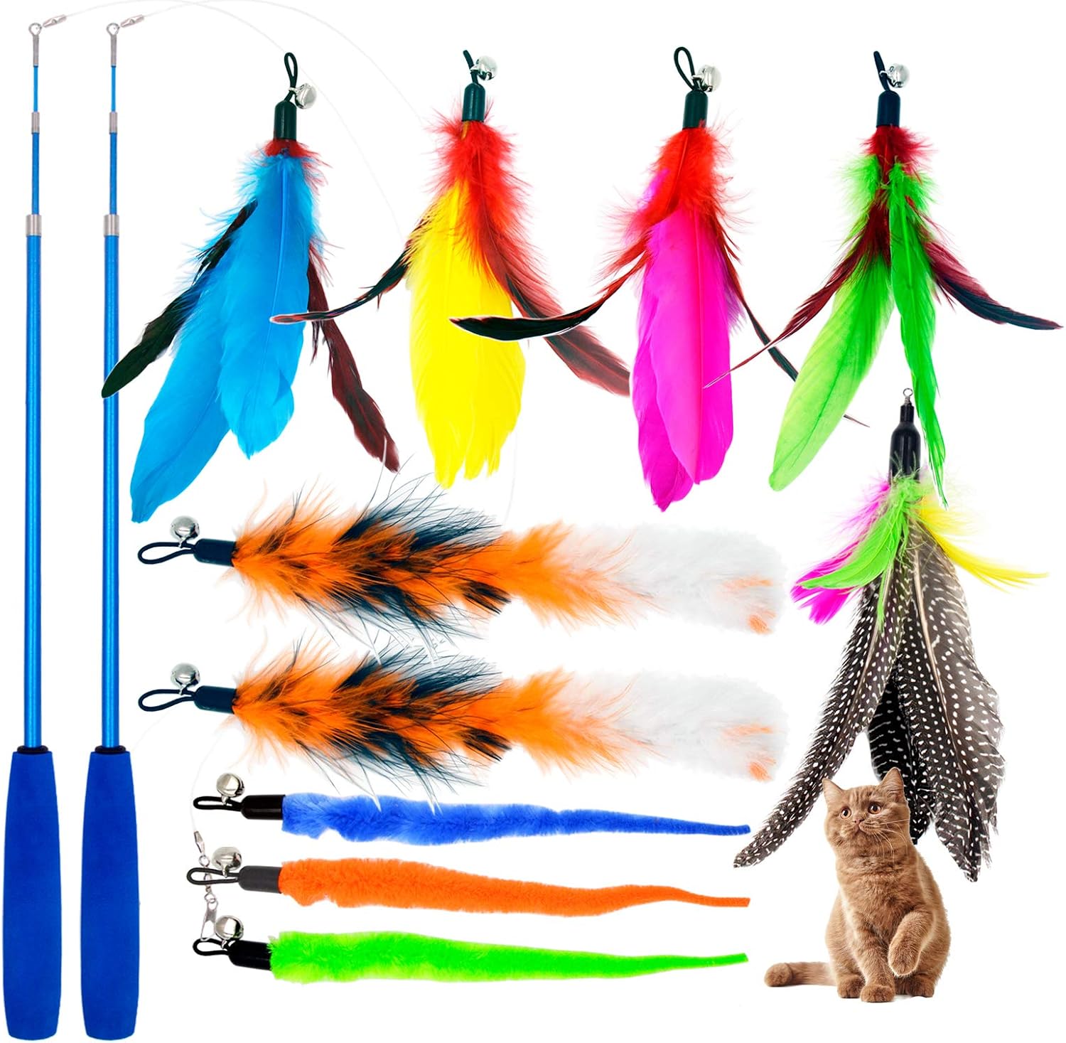 Cat Feather Toys, 2 Pcs Cat Toy Wand and 10 Pcs Natural Bird Feather Worm Teaser Refills, Interactive Teaser Toys for Cats