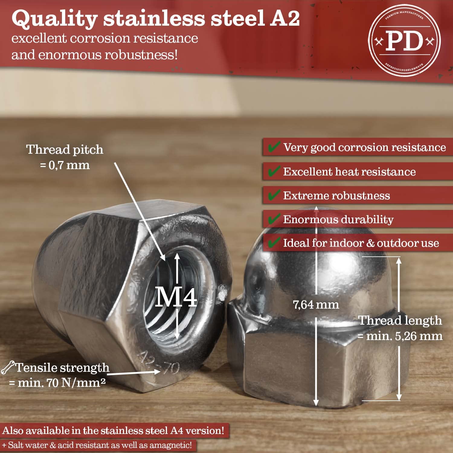 PD® Dadi cappuccio M4 (DIN 1587) | Dado a cappuccio in acciaio inox A2 V2A | Dadi calotta di protezione in forma elevata per viti, barre filettate e bulloni filettati | 50 pezzi
