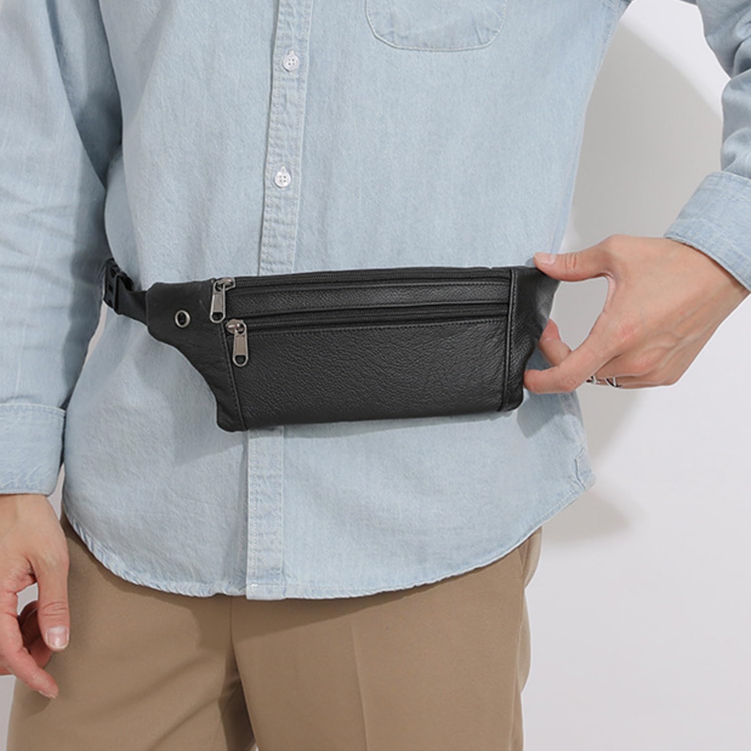 Leather Belt Bag,Black Belt Bag Mens Fanny Pack Crossbody 3-Zipper Pockets Phone Bag Fits All Phones Wallet Keys, Casual Hands-Free Waist Pack For Travel Workout Running Gifts - Image 6