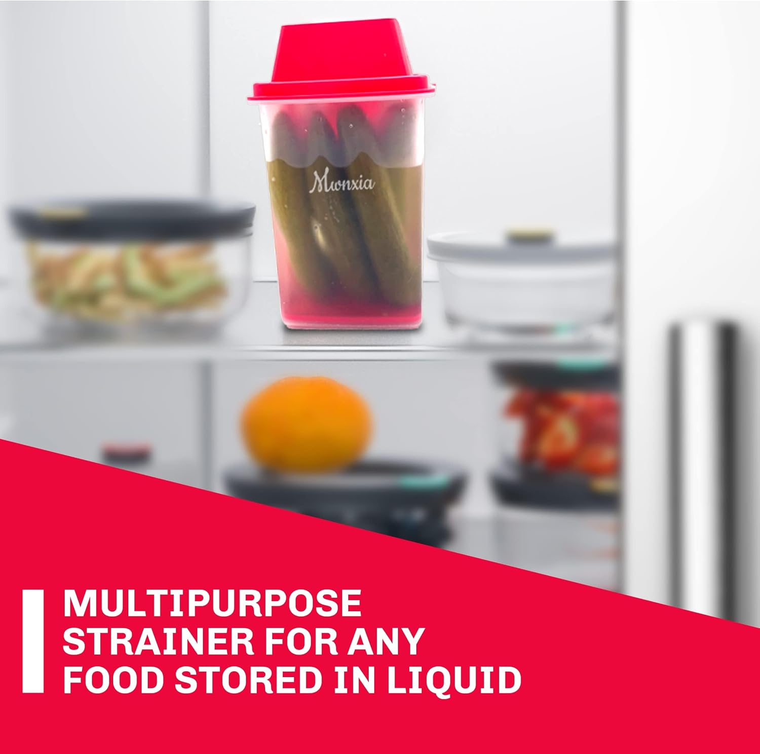 Pickle Container with Strainer | BPA Free Chilero Container Jalapenos Jalapeños | Pickle Jar with Lifter | Complete with Tong (Red) for Pickles, Cornichon, and Food Storage, Pickles Keeper