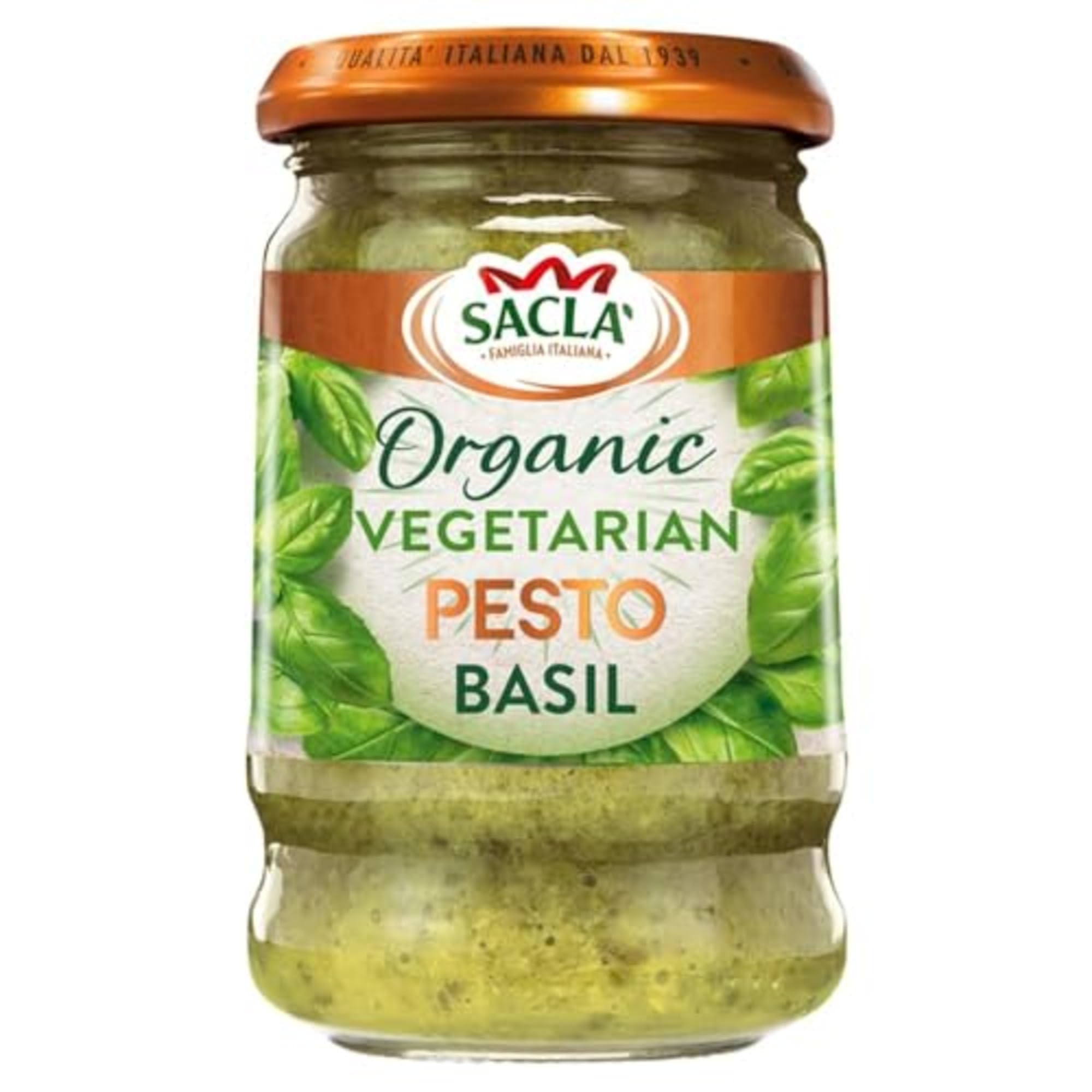 Sacla Italian Organic Vegetarian Basil Pesto Sauce - Perfect with Pasta, Pizza, Garlic Bread and Tagliatelli - Made with Fresh Basil Leaves, Pine Nuts and Olive Oil - 190g (Pack of 1)