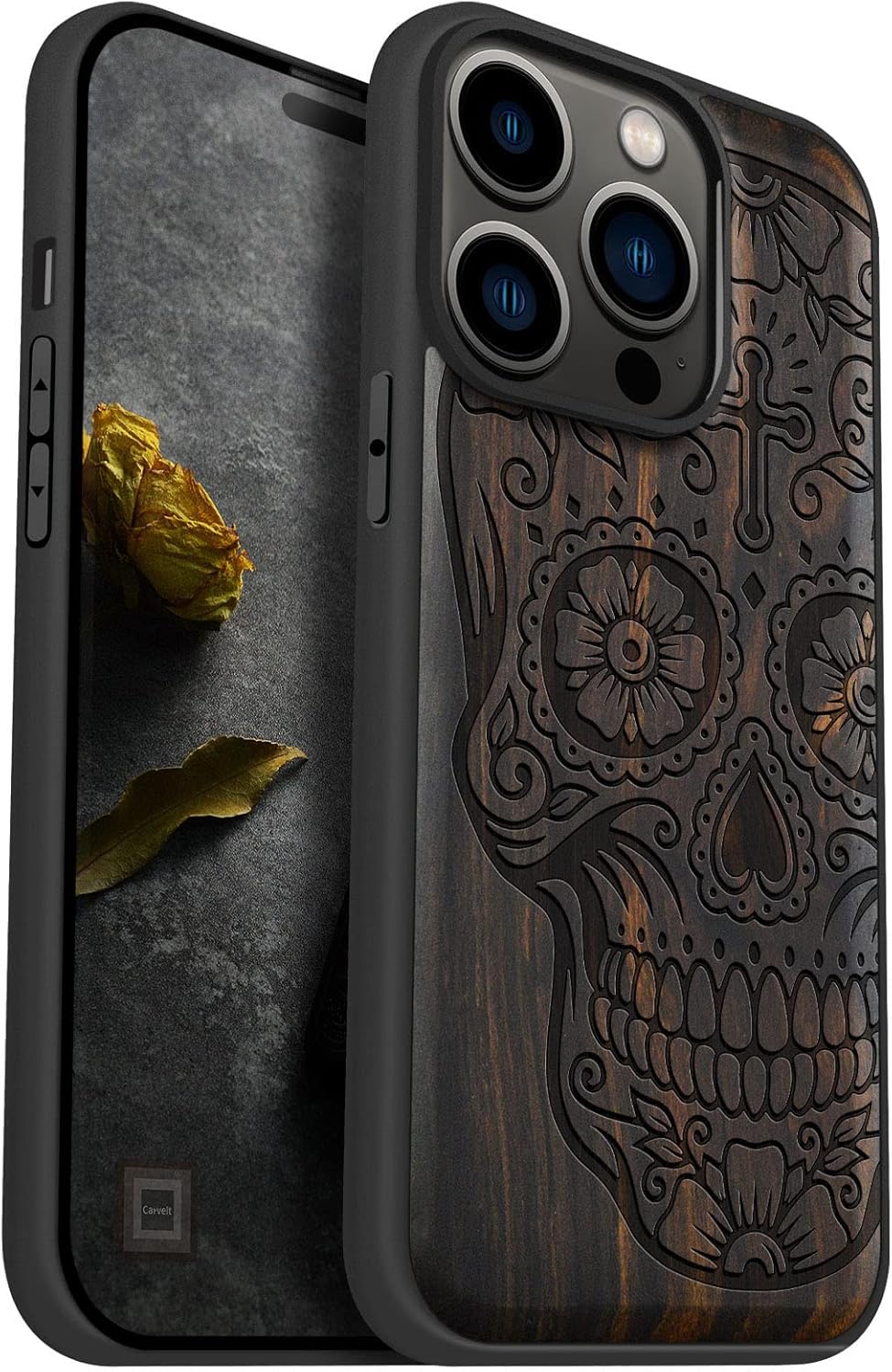 Carveit Magnetic Wood Case for iPhone 14 Pro Case [Natural Wood & Black Soft TPU] Unique & Classy Wooden Shockproof Protective Cover Compatible with magsafe (Sugar Skull -Blackwood)