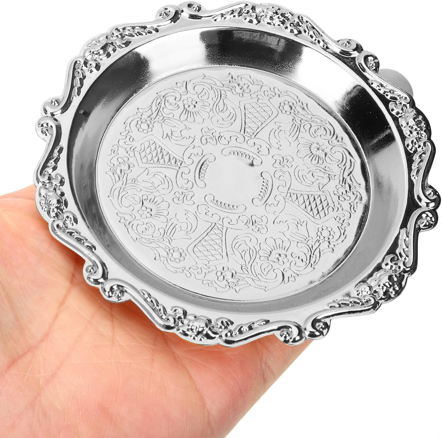 6PCS 3.93 Round Silver Tray, Vintage Metal Dessert Snack Serving Platter