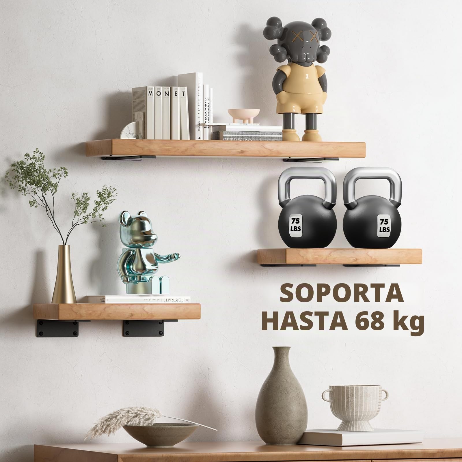 Soporte de estante resistente, soporte flotante rústico para estantes montados en la pared, 6 soportes de estante negros industriales (paquete de 6 pulgadas)