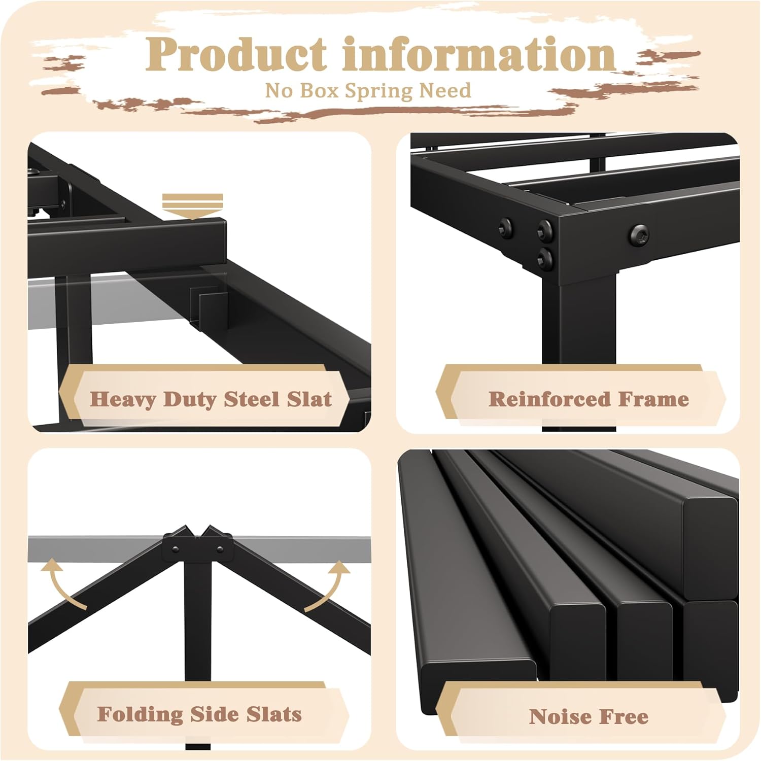 Full Size Bed Frame, 14-Inch Tall Heavy-Duty Platform with Under-Bed Storage, Sturdy Metal Bed Frame for Mattress Support, No Box Spring Needed, Quiet Design, Easy Assembly, Black