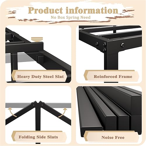 Miniatura 3 de Marco de cama tamaño Queen de 18 pulgadas, marcos de metal resistentes con listones de acero, soporte de amplio almacenamiento, no necesita somier,