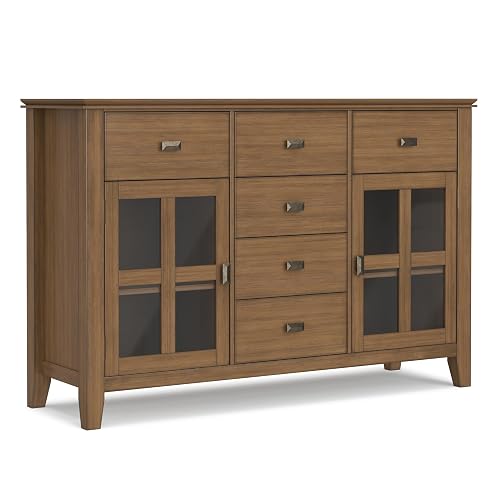 SIMPLIHOME Artisan 54" Wide Solid Wood 2-Door Buffet in Natural Brown | Transitional sideboard with 6 drawers, glass doors and adjustable shelves for dining rooms; buffet, credenza or server.