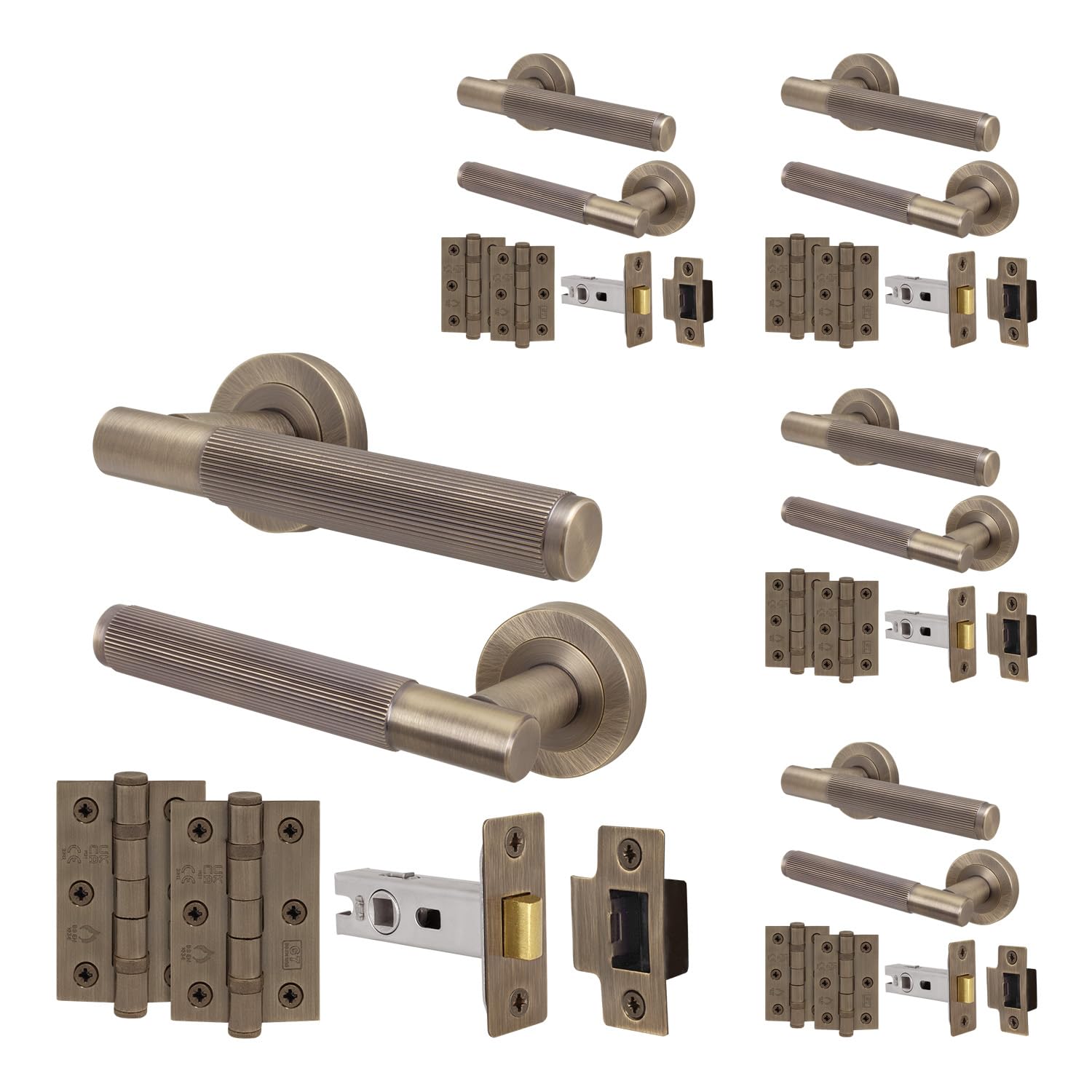 EAI Antique Brass Door Handle Latch Set, Internal Door Handle with 64mm Latch and 76mm Hinges, Oruro Range 5 Pack
