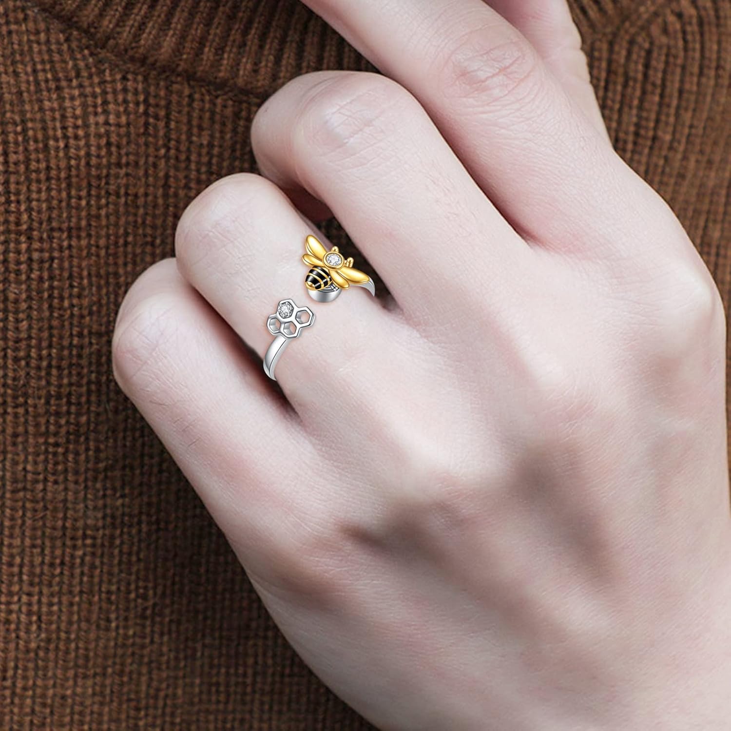 TIGER RIDER Bee Ring for Women 925 Sterling Silver Open Adjuestable Jewelry Gift for Women Bee-2,(7-8)