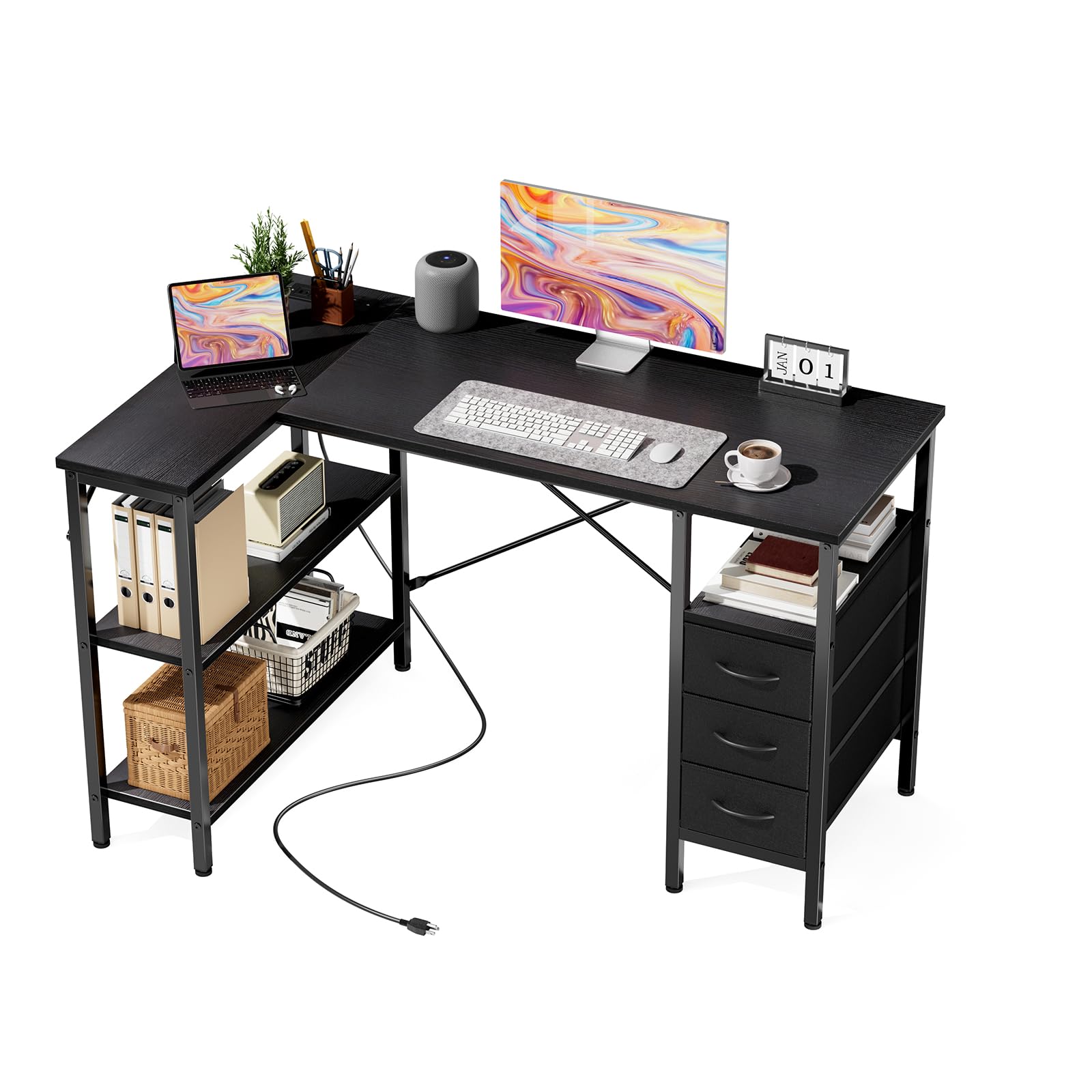 DUMOS L Shaped Desk with Shelf Drawers 47 Inch, Black Corner Computer Desks Gaming with Power Outlet, Study Table with Adjustable Shelves, Home Office