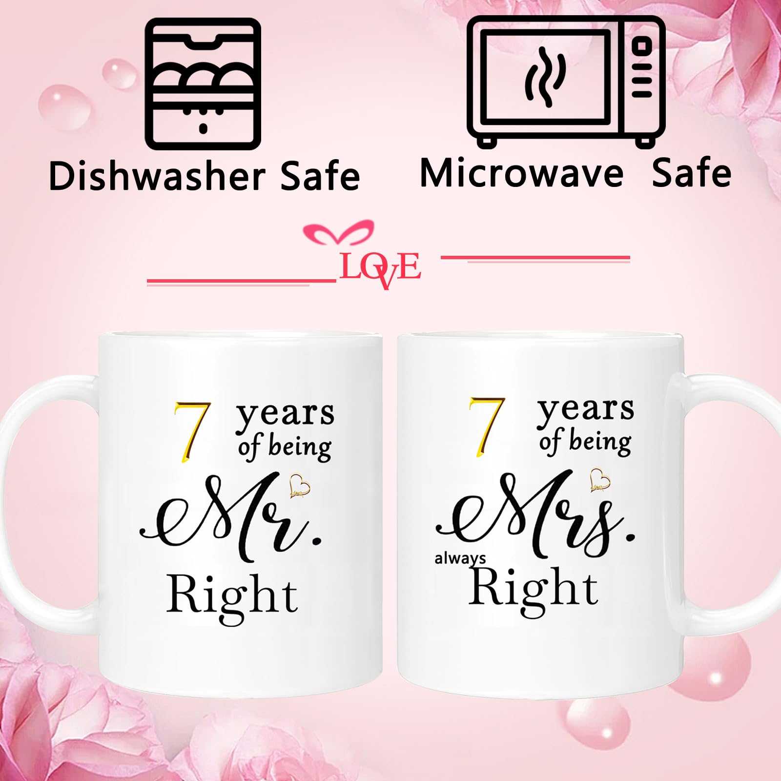 Juego de 2 tazas de café de aniversario de 7 años, regalos de boda para esposa, marido, padres, pareja, abuelos, tazas de regalo de compromiso de 7 años, 11 onzas