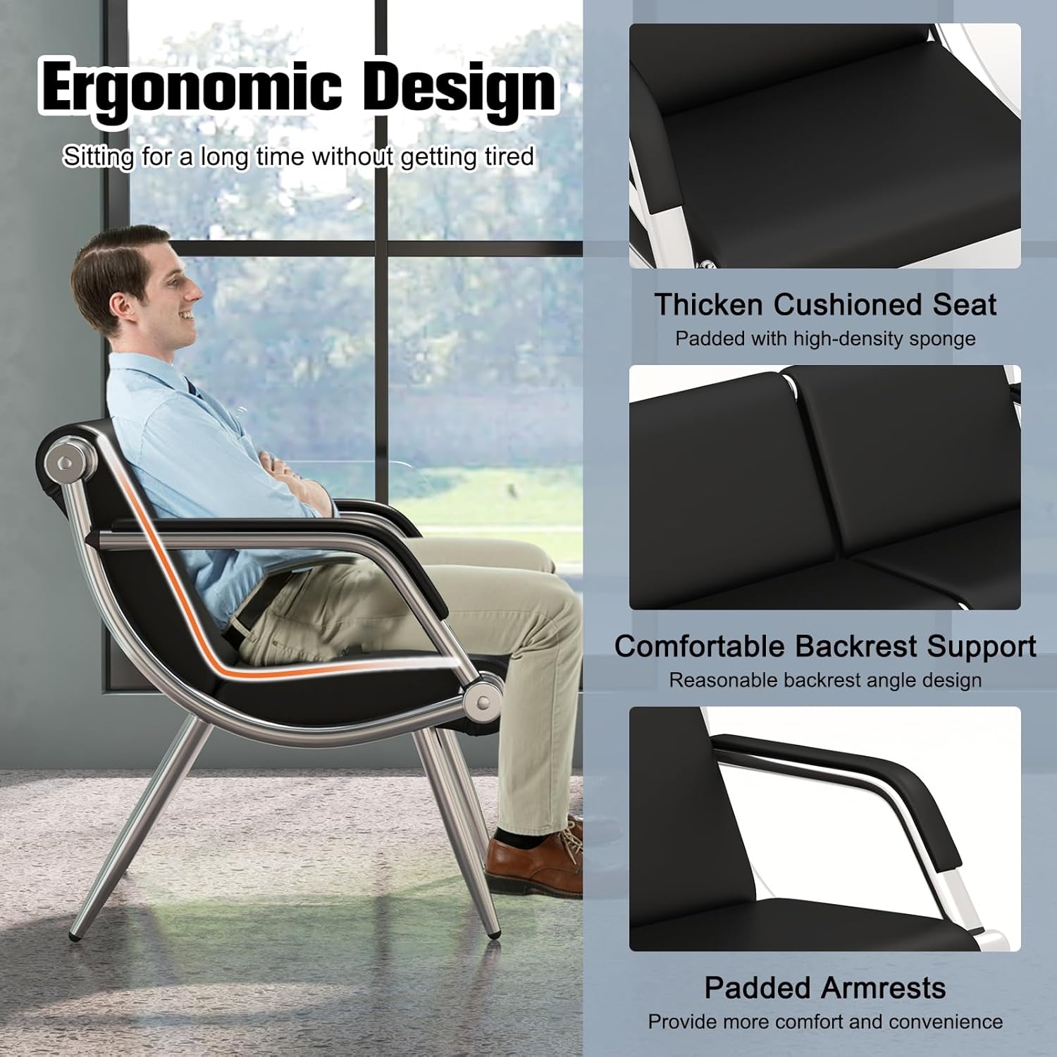 kinbor Waiting Room Chairs with Armrest - PU Leather Lobby Reception Chairs, Office Guest Seating Furniture for Clinic Airport Hospital Barber Salon Bank, Black