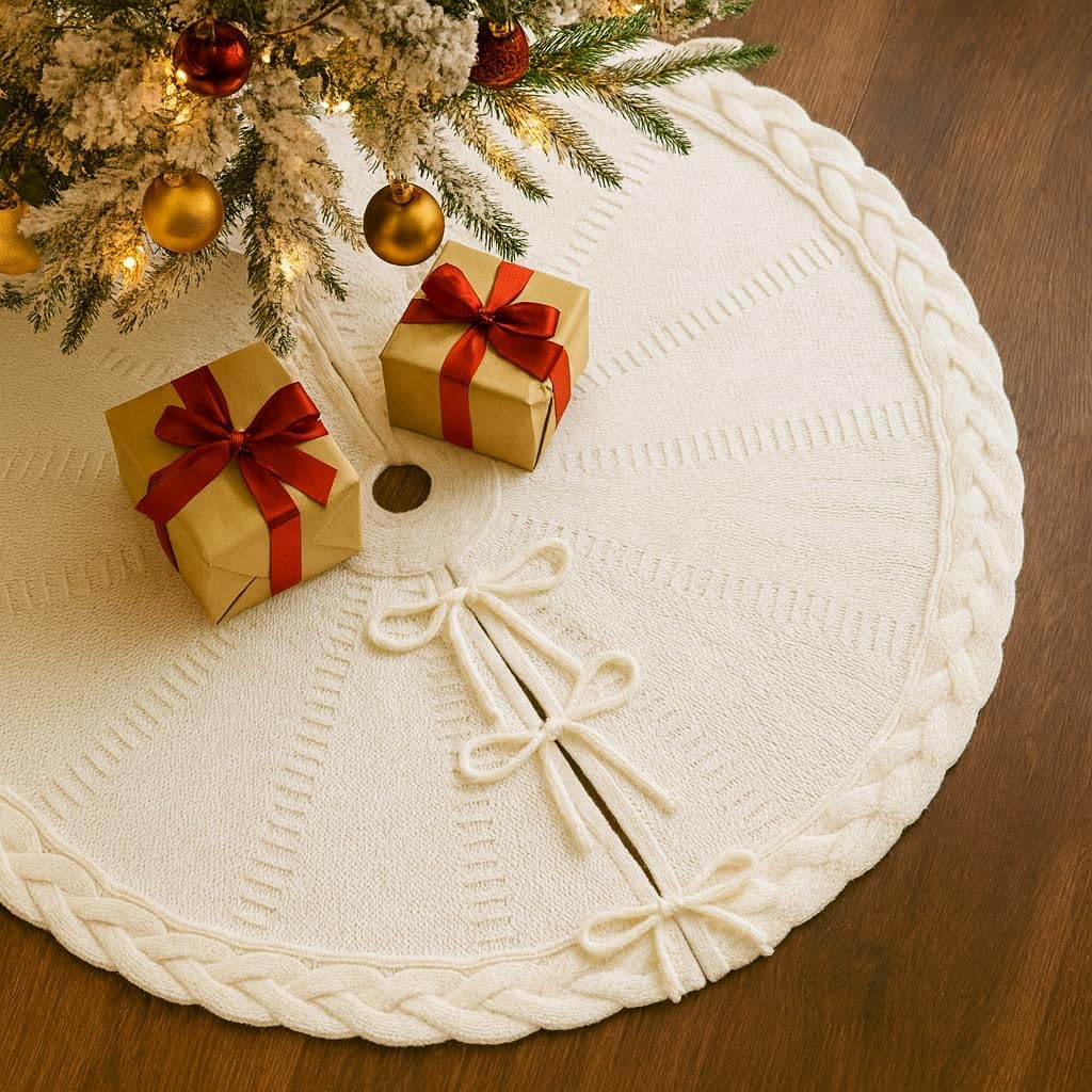 36 inch white knitted christmas tree skirt, chunky cable knit with braided scalloped edge, perfect for xmas holiday decorations white large