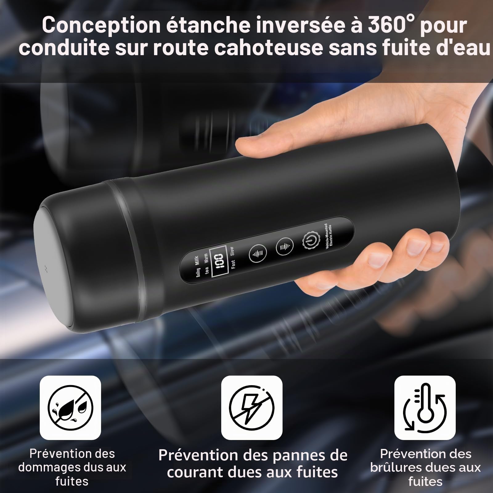 Bouilloire de voyage Bouilloire 12V 24V Auto 500ml, 316 Acier Inoxydable pour Camion Camping-Car, Mode USB-C Maintien au Chaud (45-55°C), Bouilloire Batterie Intelligent LCD Tactile Longue Distance