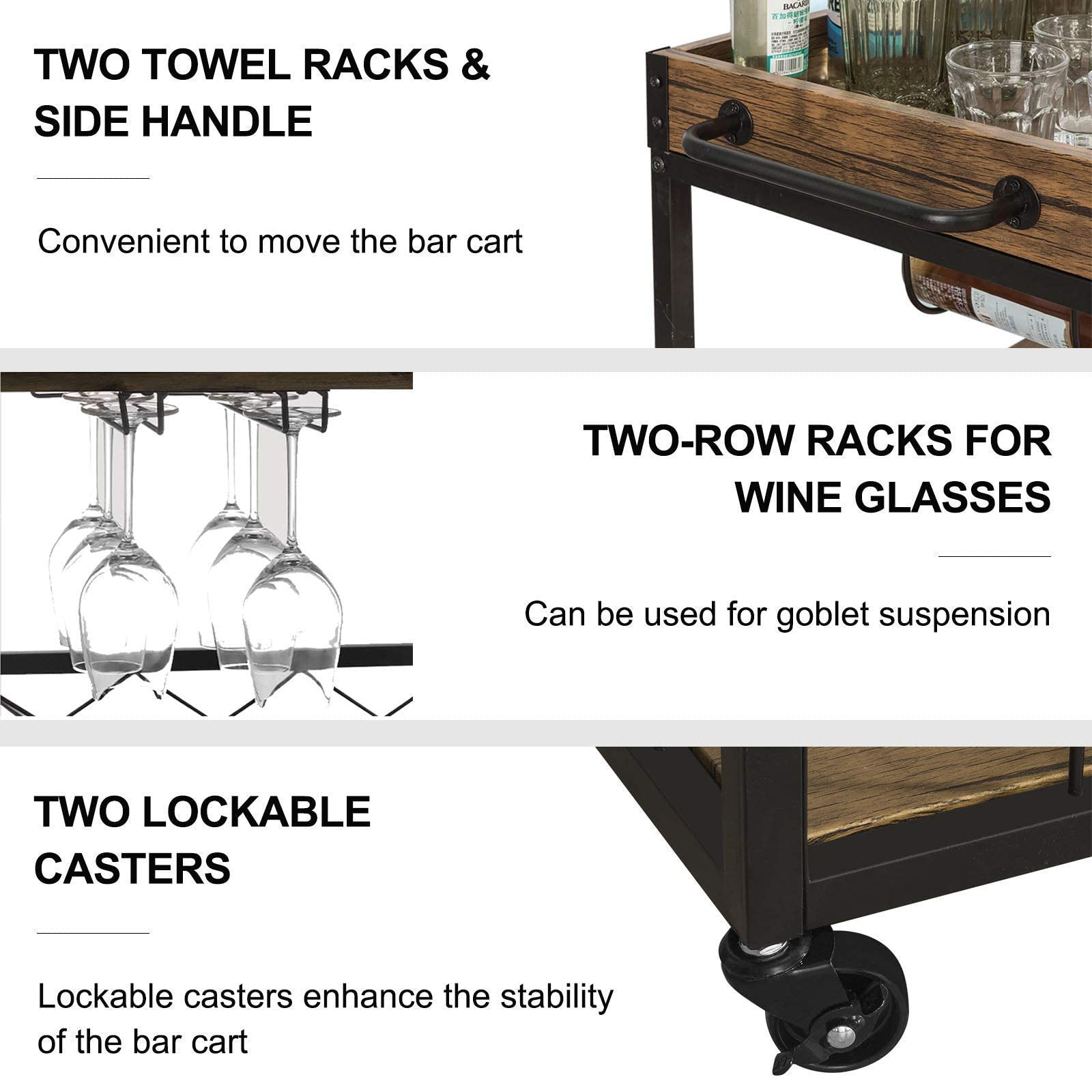 Bar Cart, Kitchen Serving Cart on Wheels with 3Tier Storage Shelves