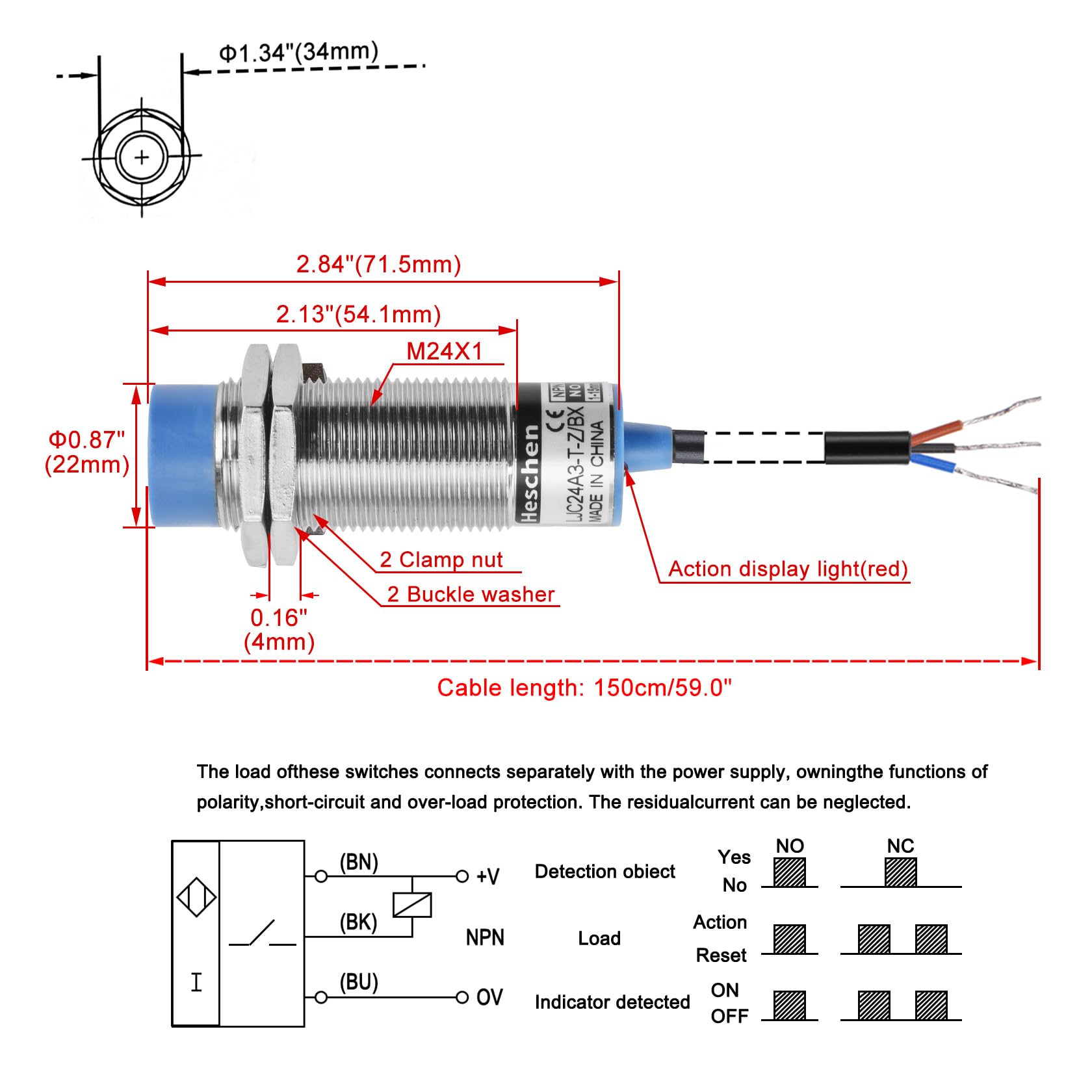Image secondaire de Heschen Commutateur de capteur de proximité capacitif LJC24A3-T-Z/BX détecteur 15 mm 12-24 V CC 300 mA NPN normalement ouvert (N)