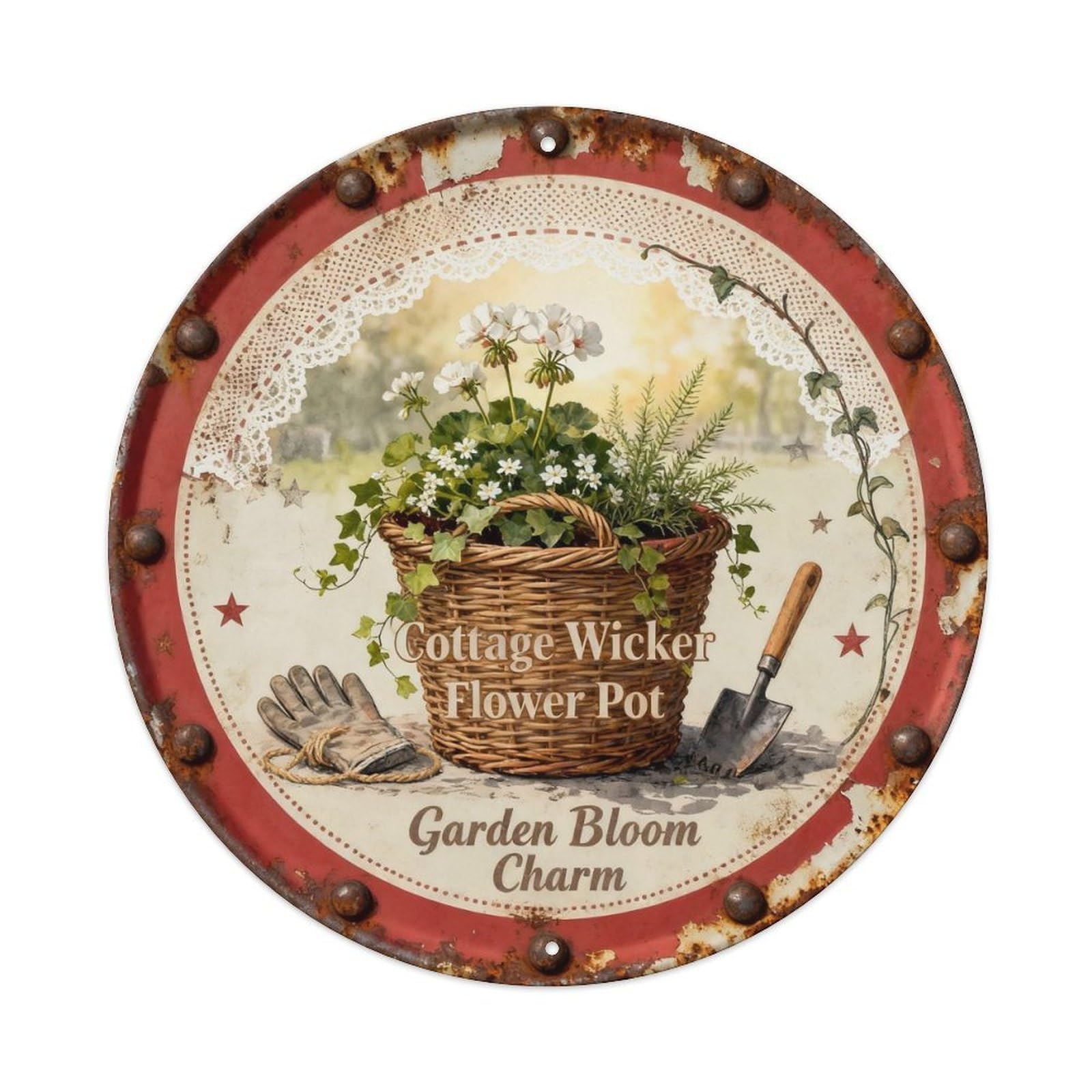 Cottage Wicker Flower Pot Metal Tin Sign Plaque