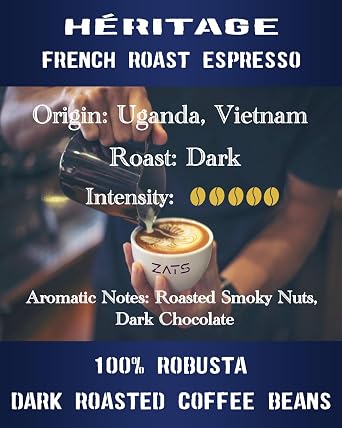 ZATS French Roast Fine Robusta Coffee Beans 1kg, Extra Strong Dark Roast - Intensity 5/5 - Artisan Espresso Blend, Whole Coffee Beans, Perfect for Bean to Cup Machines