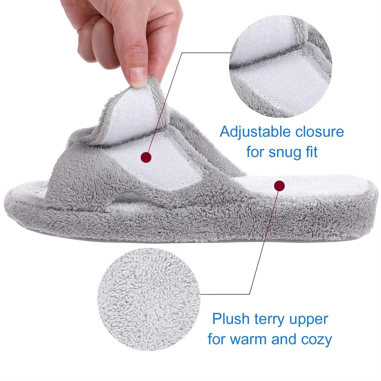 Tela Zapatillas Zapatillas de interior difusas for mujer, zapatillas ajustables de tela de rizo con soporte for el arco, zapatos de casa con punta abierta for las cuatro estaciones For Viaj Y Casa(Gra