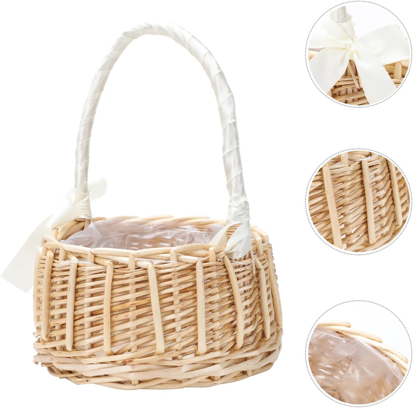 Woven Rattan Flower Girl Basket with Bow, Large Handheld Storage Basket for Wedding Decorations and Indoor Home Organization