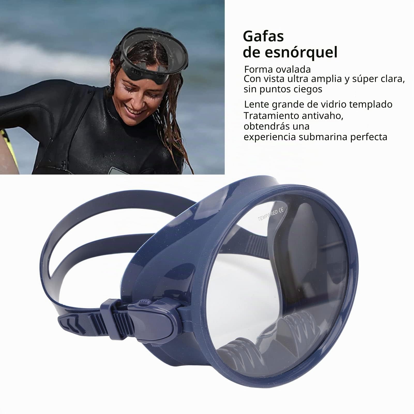 Asixxsix Máscara de buceo, gafas de buceo ovaladas sin empañamiento, gafas de buceo con máscara a prueba de fugas, gafas de snorkel de vidrio templado con visión ancha, ajustable para adultos (azul)