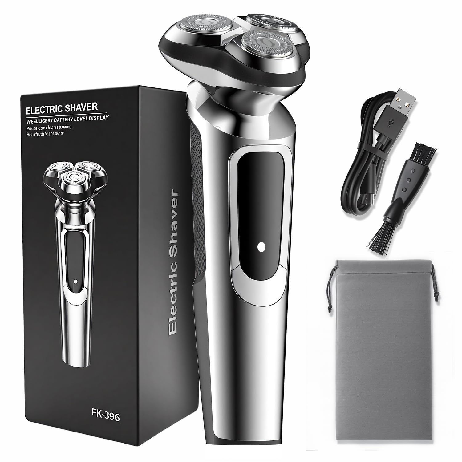 Men's Electric Shaver, IPX7 Waterproof, Wet and Dry Shaving, Shaving with 3D Rotating Heads, Rechargeable Wireless Beard Trimmer, Men's Wet and Dry Shaver with (Metallic Grey)