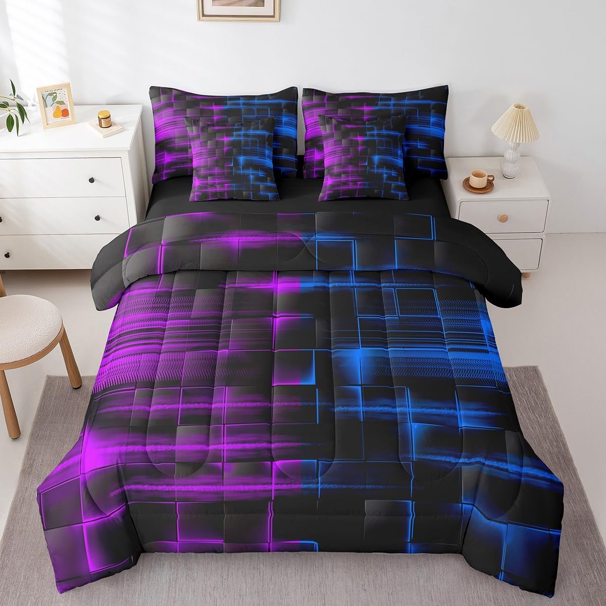 Feelyou Blue and Purple Comforter Set with Sheets 7 Piece Queen Size Kids Geometric Bed in a BagStrip Lines Bedding Set Abstract Art Bed Set with Comforter, Sheets,Cushion Covers