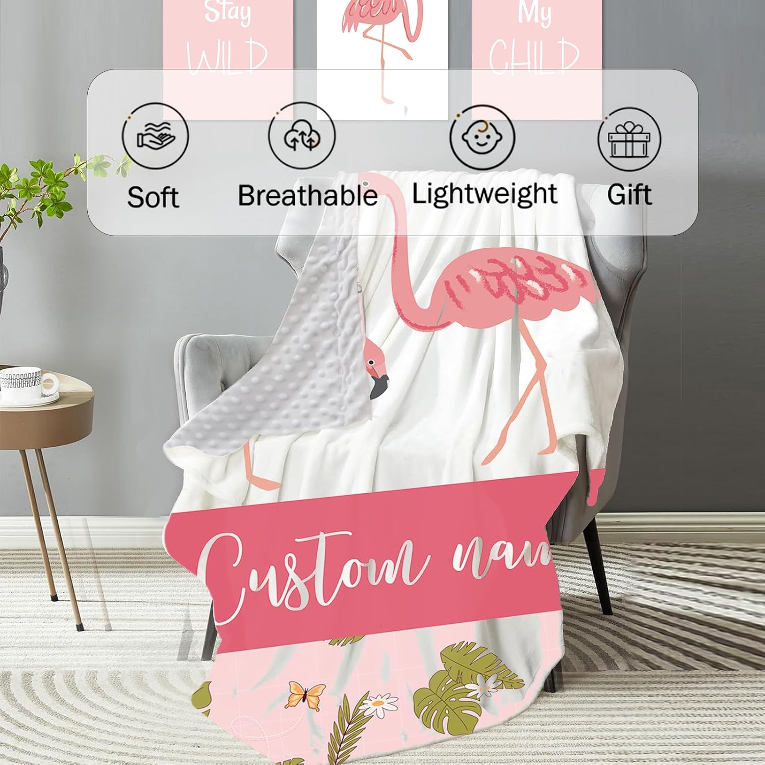 Personalized Baby Crib Bedding Set, 4 Piece Custom Name Crib Bedding, Double Layer Blanket Crib Sheet Changing Pad Cover Wall Art, Nursery Decor Gift for Newborn Toddlers, Pink Flamingo Theme