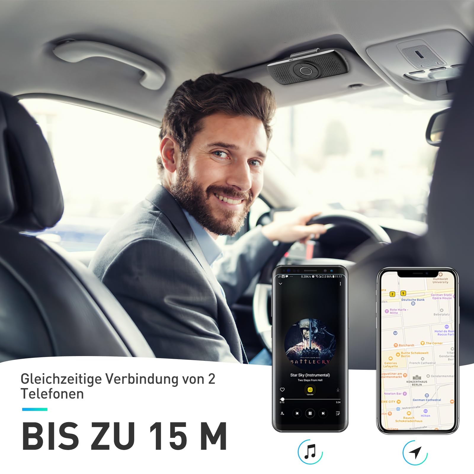 AGPTEK Freisprecheinrichtung für Auto, Bluetooth 5.0, integriertes Mikrofon, mit Clip für GPS, Musik, TF-Kartenslot, automatische Wiederverbindung, Lautsprecher, IOS Siri & Google Assistant, Schwaz