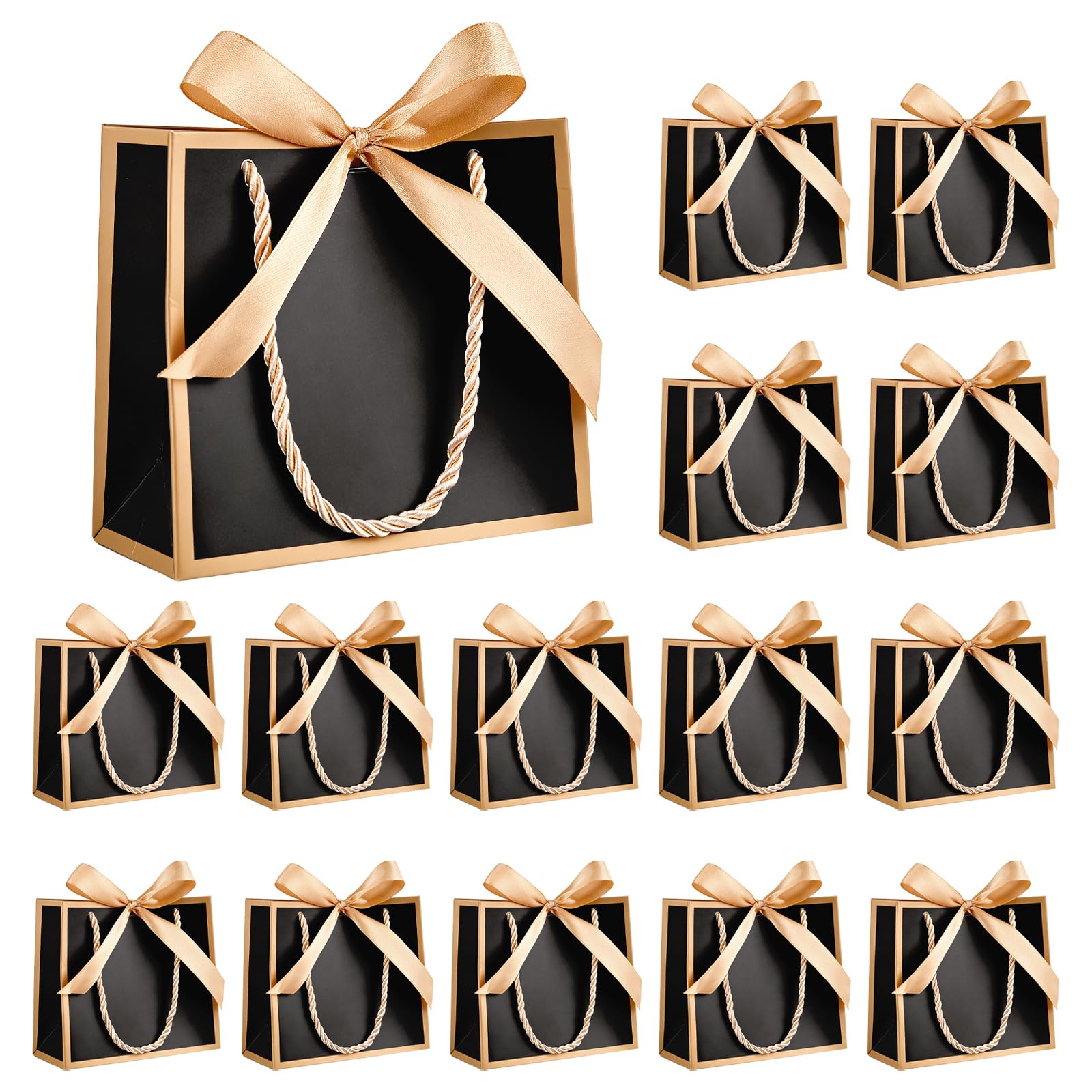 Small Gift Bag, 15 Pcs Paper Gift Bags with Gold Bow Ribbon, Luxury Paper Bags with Handles for Wedding Party Christmas Valentines Bridesmaid - 14x6x12cm (Black)