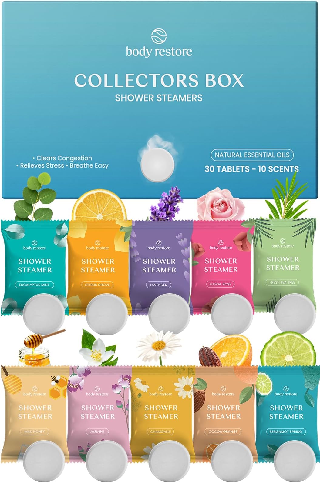 Body Restore Shower Steamers Aromatherapy 30 Pack – Mothers Day Gifts for Mom, Birthday Gifts for Women and Men, Relaxation Stress Relief Self Care – Collectors Box