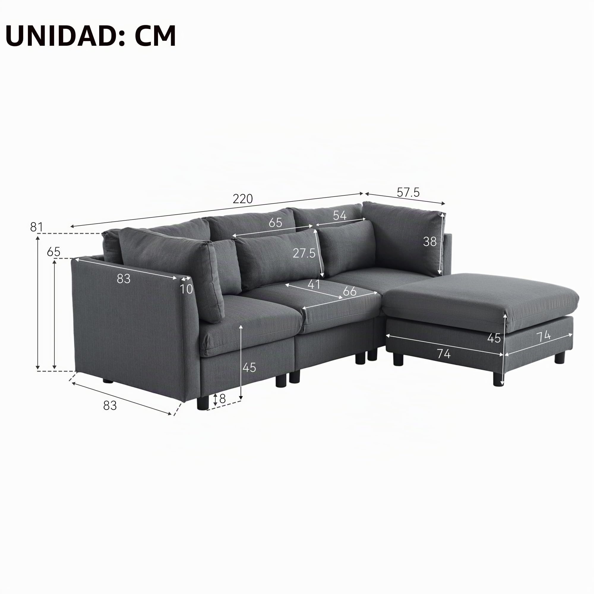 Sofá de 3 plazas, sofá de esquina en forma de L con reposapiés, diseño moderno, muebles tapizados, sofá con función de sueño, 220 x 83 x 81 cm, para salón y dormitorio