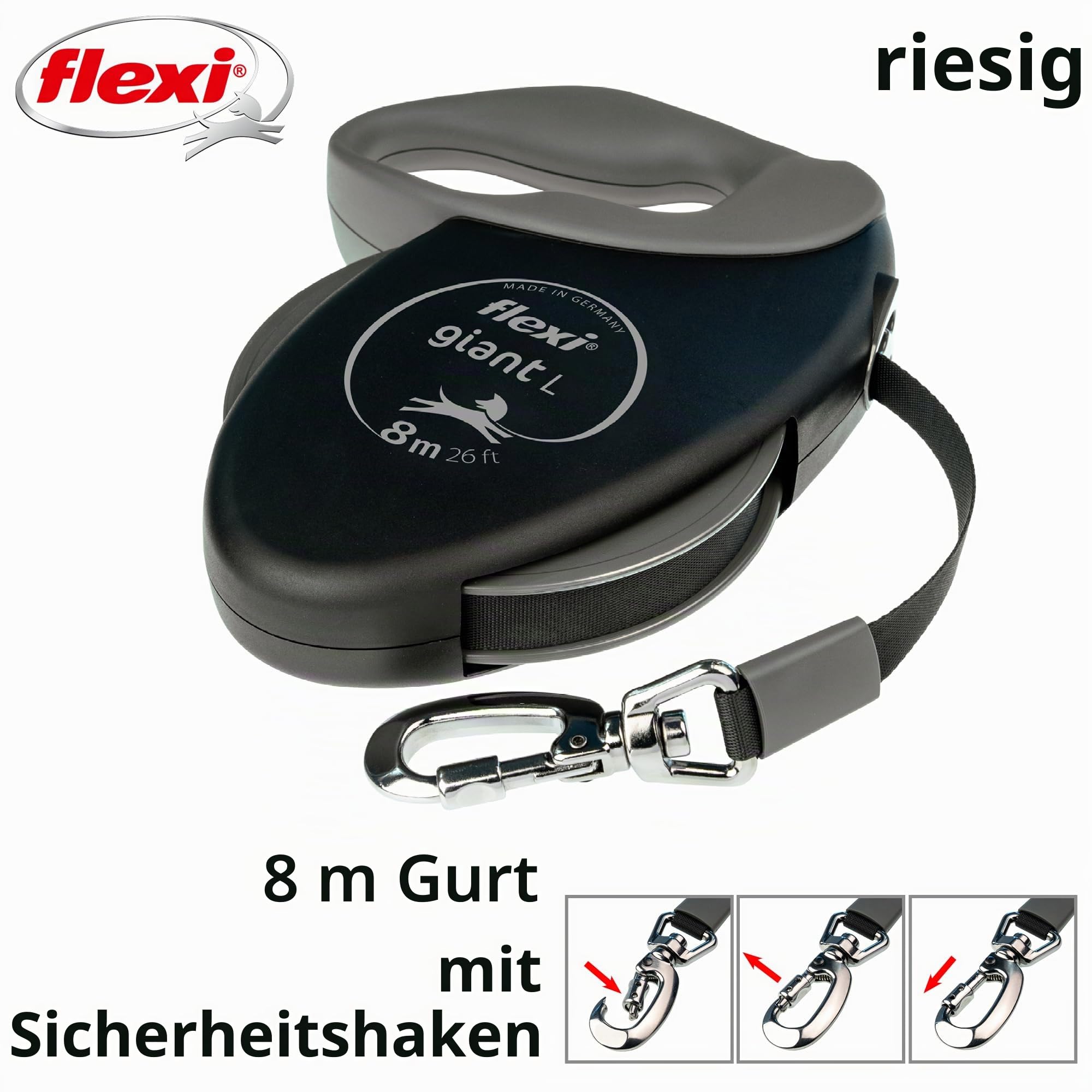 Flexi, Giant Plus 8 m ausziehbare Hundeleine, Starke und robuste Hunde bis zu 50 kg, neonfarbenes Band mit erhöhter Sichtbarkeit, Robustes und ergonomisches Bremssystem –L – 8 m – 50 kg