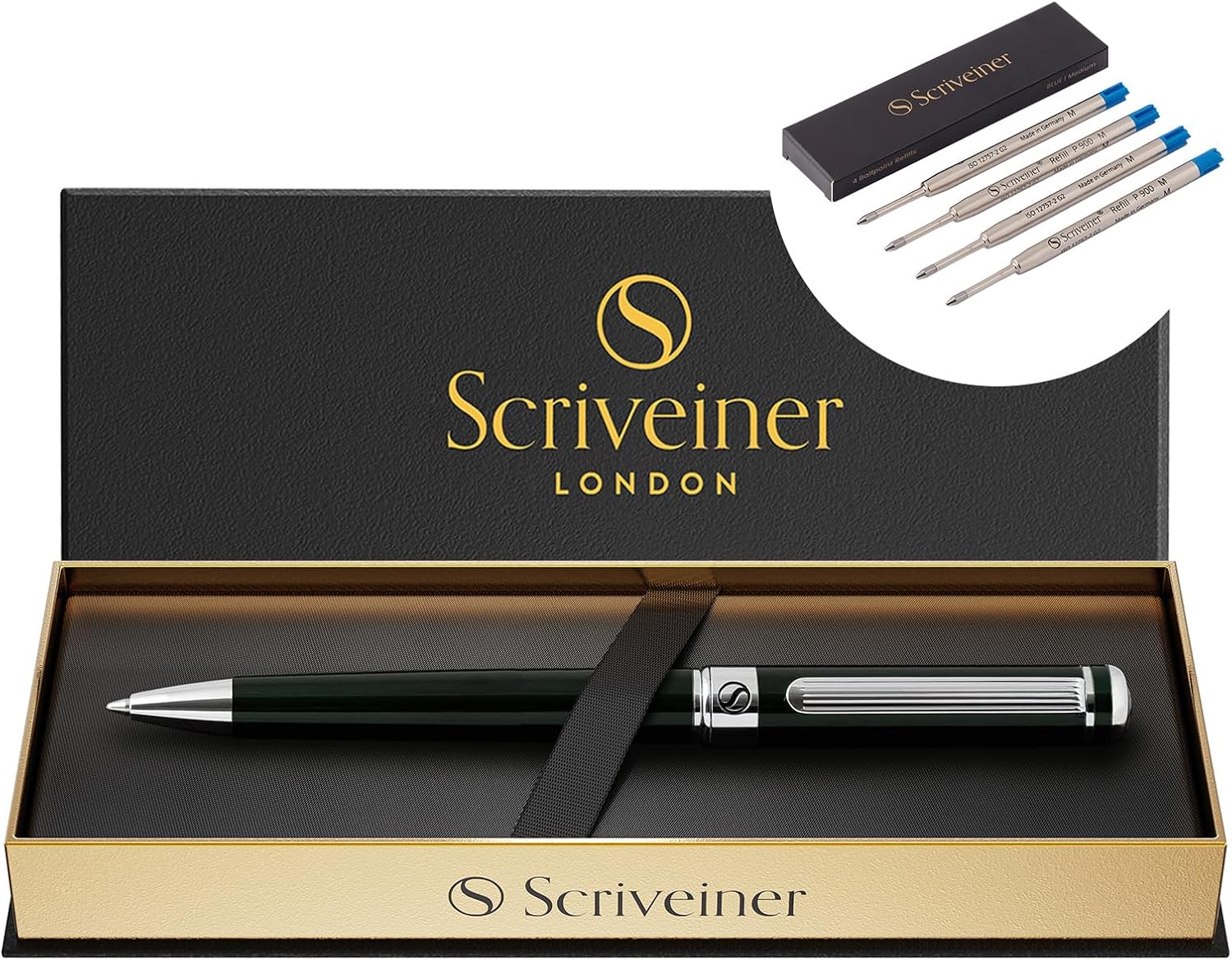 Scriveiner Black Green Ballpoint Pen - Black Green Luxury Pen, bundle Ballpoint Refill Blue Medium - 4 Ballpoint Refills in one box