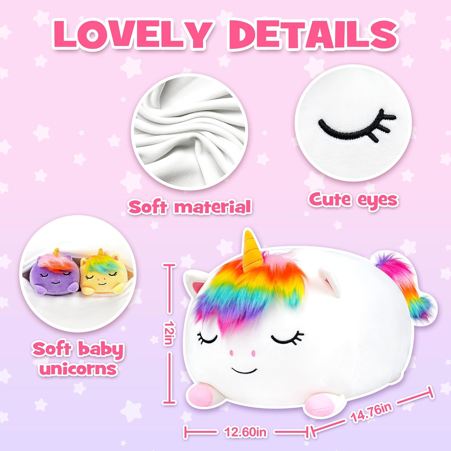 Unicorn Plush, Stuffed Animal Set with 4 Baby Unicorns, Soft Stuffed Toy Pillow, Pink Birthday for Kids Boys Girls
