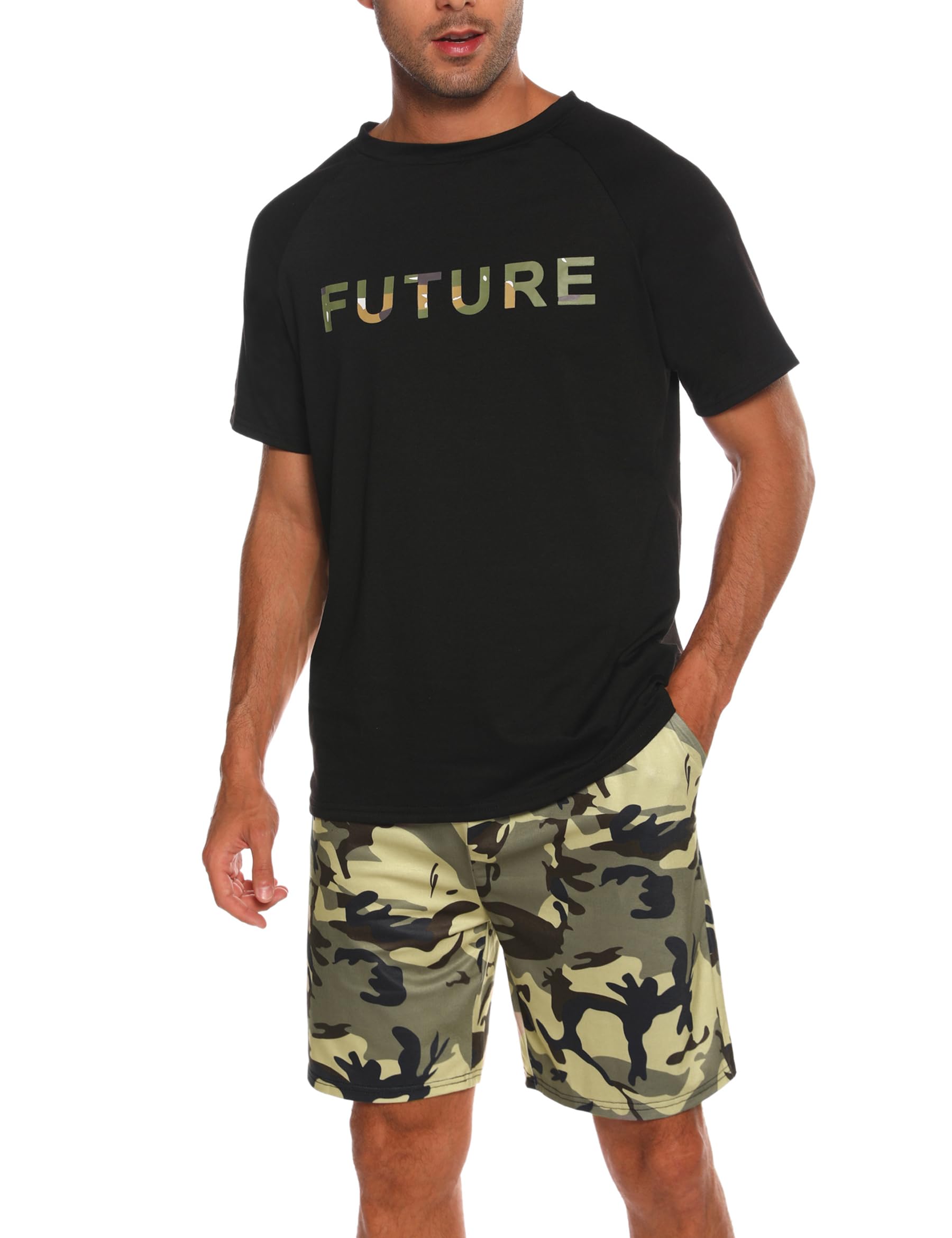 Nieery Schlafanzug Herren kurz Baumwolle Sommer PyjamaSet Bedrucktes Kurzarm T-Shirt und Schlafanzughose Shorts mit Camouflage Muster