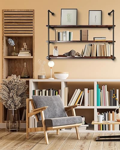 Miniatura 2 de MUZIK Estantería industrial de 4 niveles para tubería de hierro para montaje en pared, estantería de montaje en pared industrial vintage, estantería