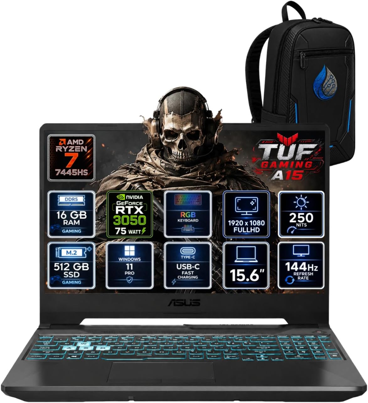 TUF Gaming A15 AMD Ryzen 7 7445HS 16 GB DDR5 512 GB SSD RTX 3050 4 GB 15.6'' FHD IPS 144Hz Windo İşlemci