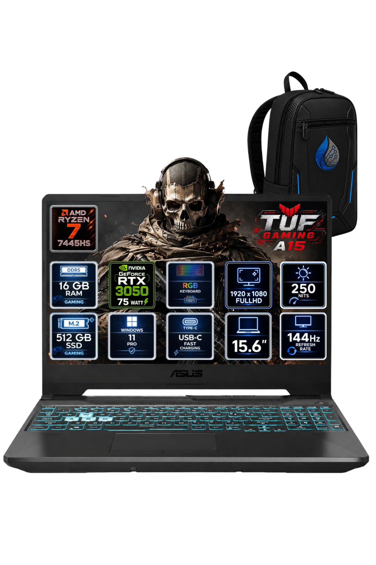 TUF Gaming A15 AMD Ryzen 7 7445HS 16 GB DDR5 512 GB SSD RTX 3050 4GB 15.6'' FHD IPS 144Hz Windo