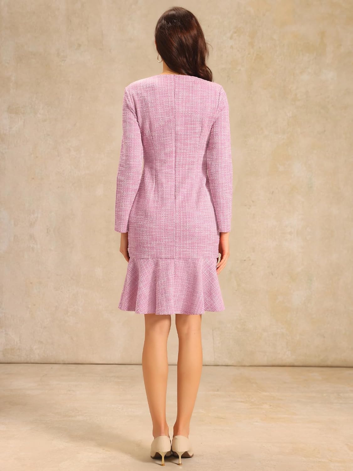 Hobemty Women's Tweed Dress 2025 Long Sleeve Wedding Cocktail Bodycon Fishtail Dresses
