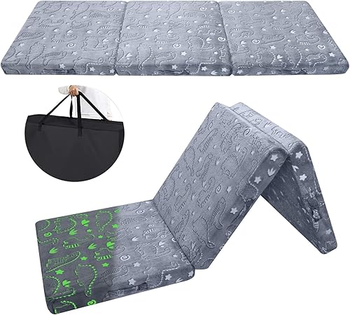 MeMoreCool Colchón plegable de dinosaurio brillante para niños, tapete triple para siesta para niños pequeños, futón portátil para dormir o cama de