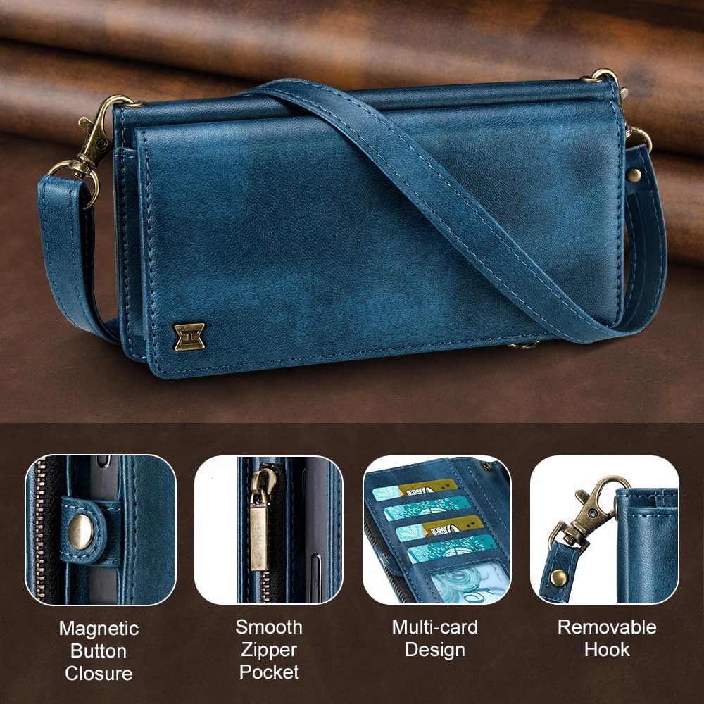 for iPhone 17 Pro Wallet Phone Case with 7 Card Holder,RFID Blocking | PU Leather | Kickstand | Flip | Wrist Strap&Shoulder Strap | Shockproof | Zipper Wallet | Women Men | 6.3" | Blue - Image 9