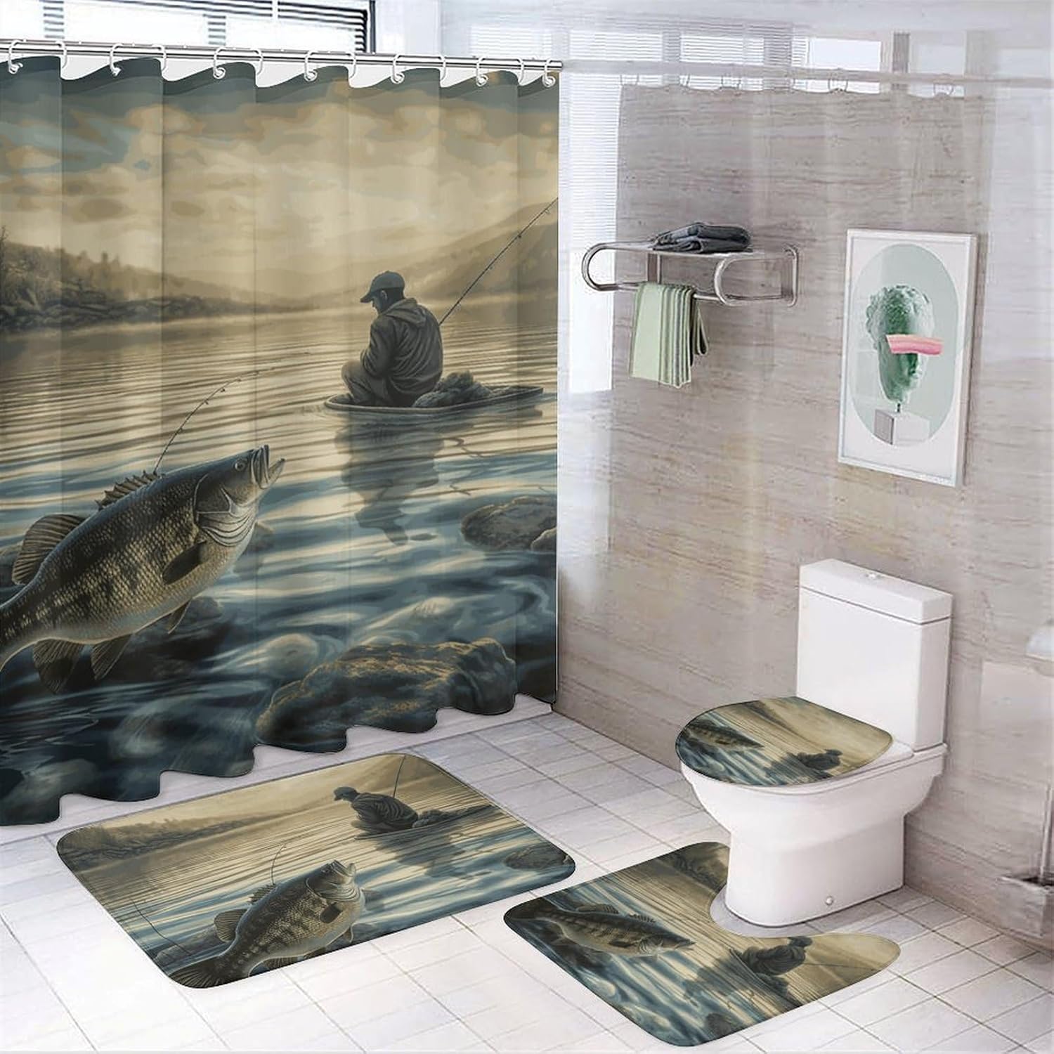 Lake Fish Fishing Shower Curtain Set 4 Piece, Non-Slip Bath Mat with Toilet Lid Cover and Waterproof Shower Curtain with 12 Hooks, Complete Bathroom Set for Home Decor