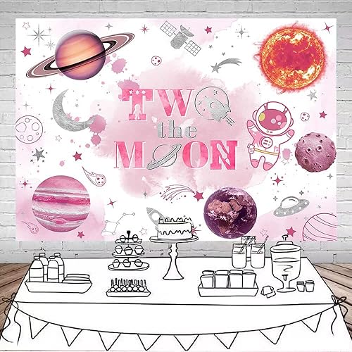 Miniatura 10 de Mocsicka Telón de fondo con texto en inglés Two The Moon para fiesta de segundo cumpleaños, espacio exterior, decoración de fondo del espacio